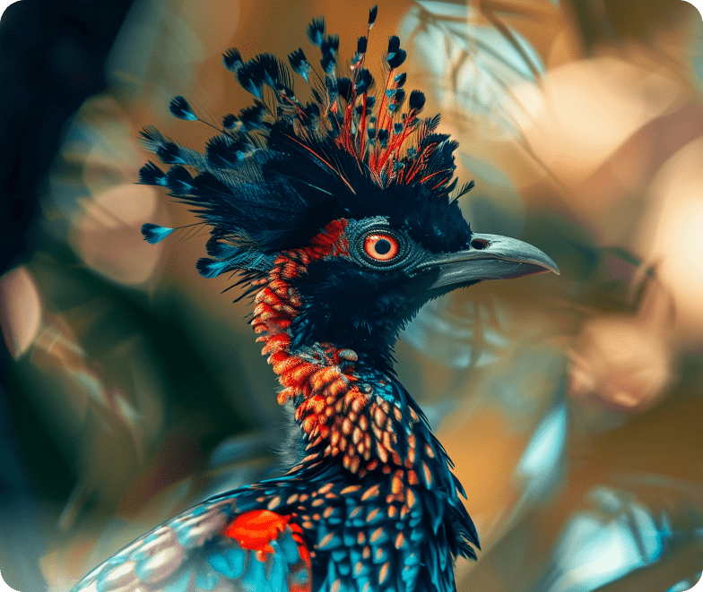 A close-up of a colorful bird with an elaborate crest against a blurred background.
