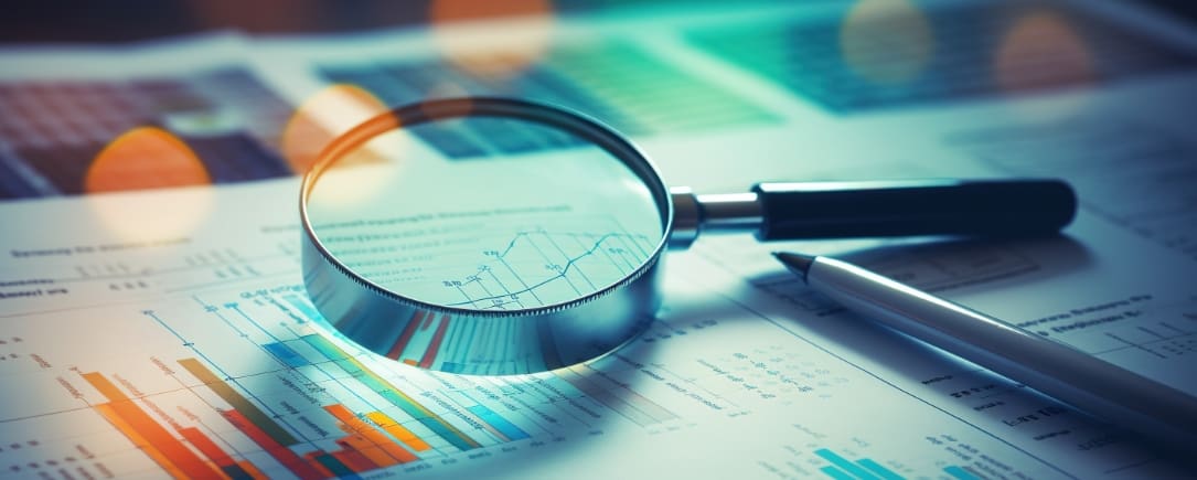 Modern ESG  Screening Investing A close-up view of financial documents, graphs, and charts under a magnifying glass, suggesting an analysis of financial data