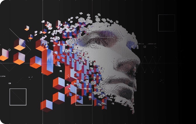 An abstract digital face composed of fragmented geometric shapes, representing advanced ESG ratings.