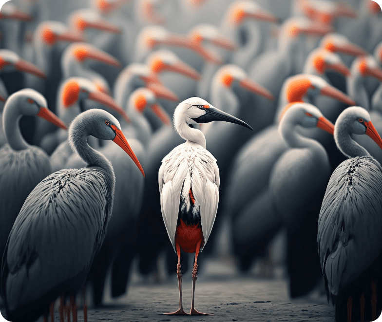 A group of gray birds with orange beaks faces one direction, while one white bird with a black and orange body stands out.