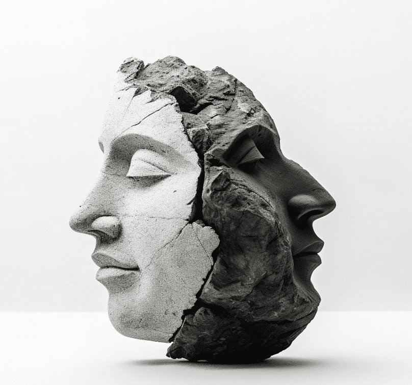 human face, with one half appearing smooth and polished, while the other half looks rough and unfinished, resembling natural rock -Proxy Voting Services